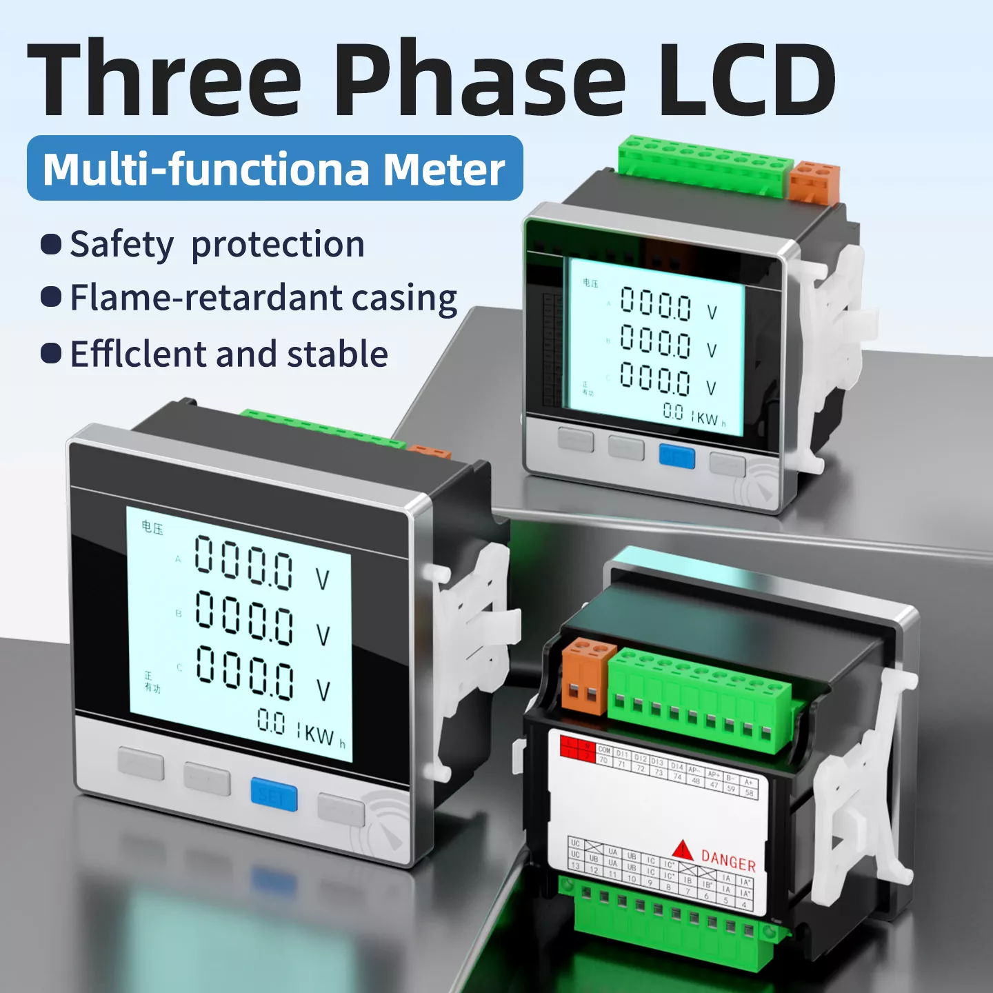 Compteur multifonctionnel LCD triphasé